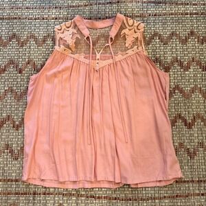 NEW Women's Pink Lace Detail Tie Neck Sleeveless Blouse Top, SZ XL